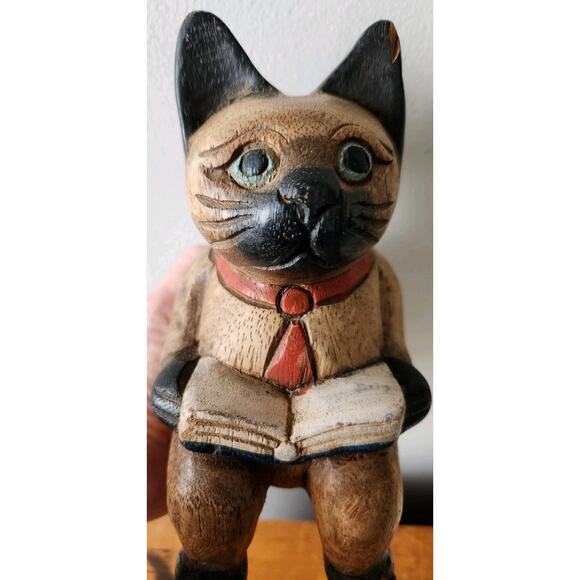 Vintage Folk Art Cat w/ Book & Red Tie Handmade Wooden Whimsical Shelf Sitter 7" - Picture 5 of 11